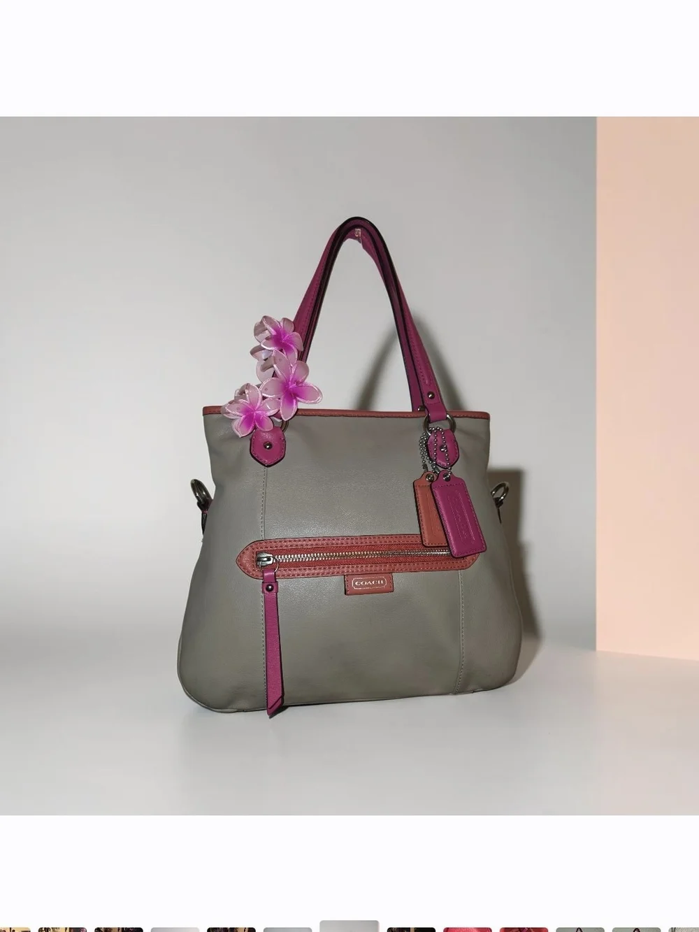 Coach Daisy Spectator Leather Mia Shoulder Taupe with Pink Trim Bag/Crossbody